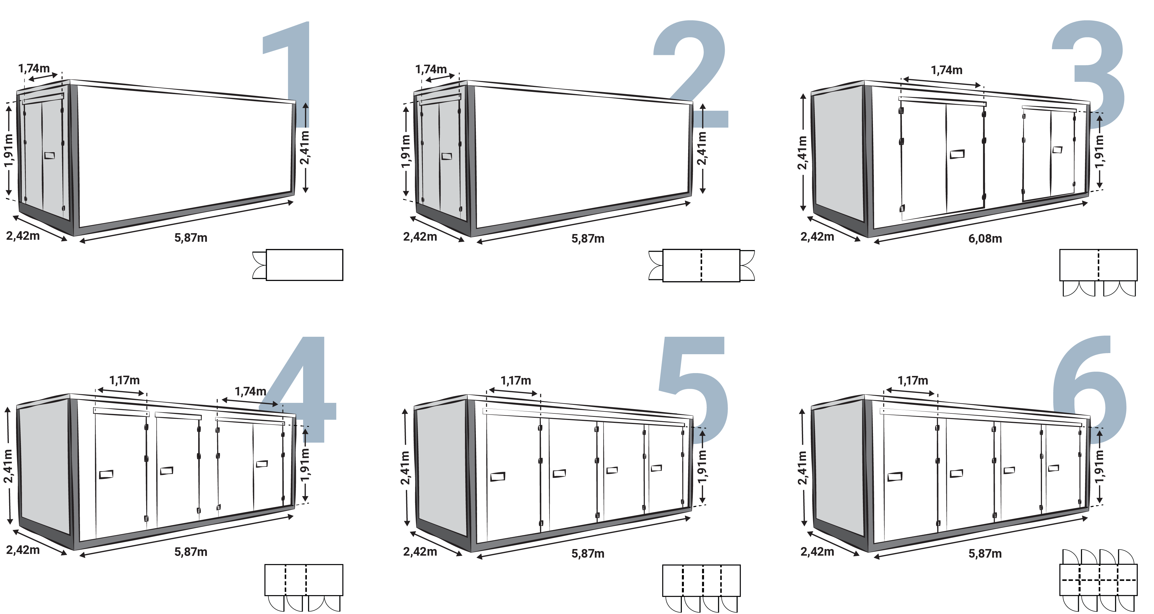 Genummerd overzicht van de verschillende Z Box modellen die worden aangeboden door Universal Storage Containers