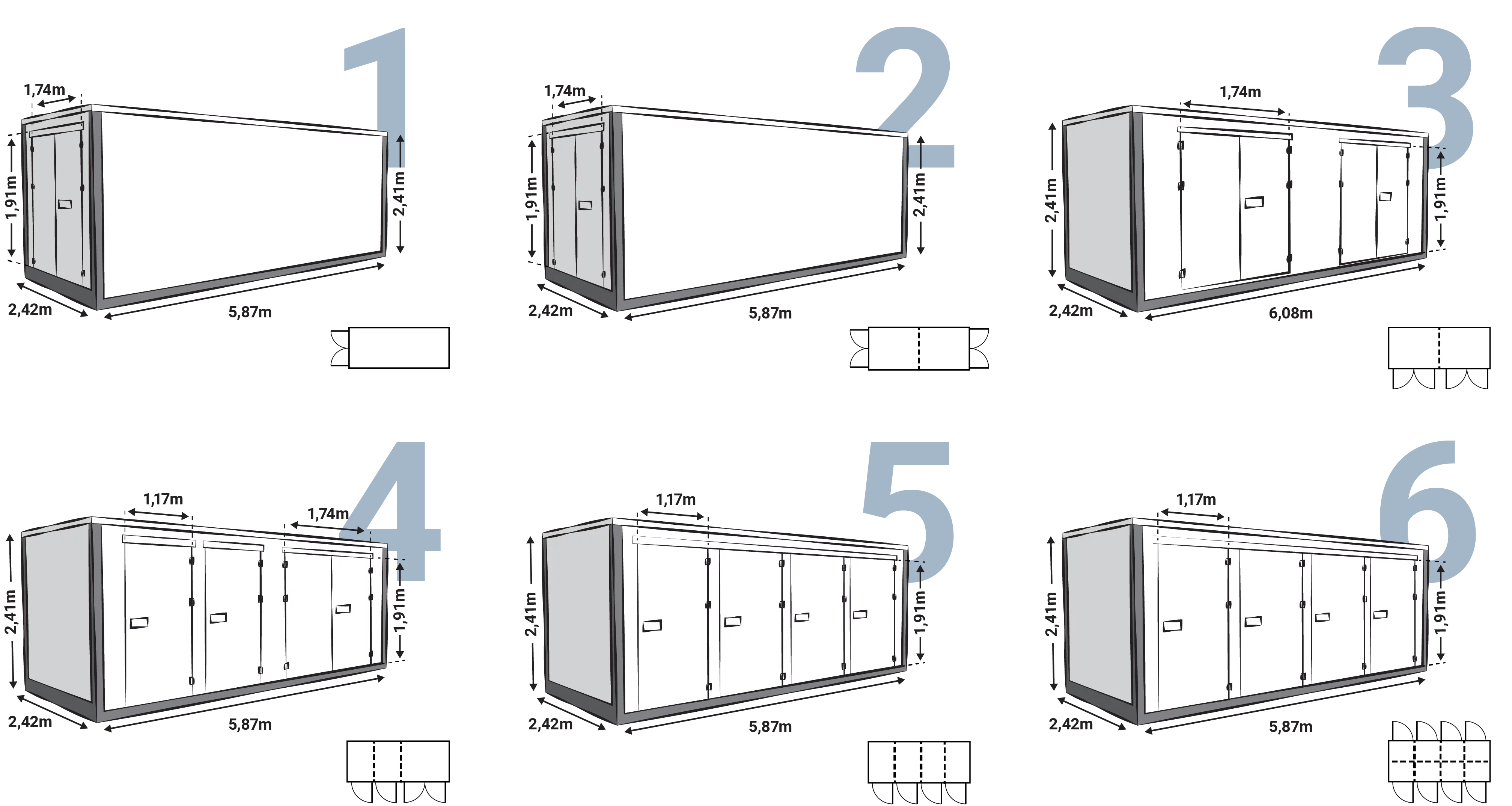 Genummerd overzicht van de verschillende Z Box modellen die worden aangeboden door Universal Storage Containers